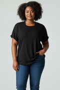 T-shirt noir côtelé manches courtes dentelle dans le dos taille 50