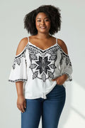 Top ample épaules dénudées blanc motif noir SHEIN taille 52