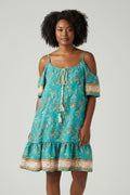 Robe ample et fluide bretelles et manches courtes épaules dénudées coloris turquoise imprimé SHEIN taille 52
