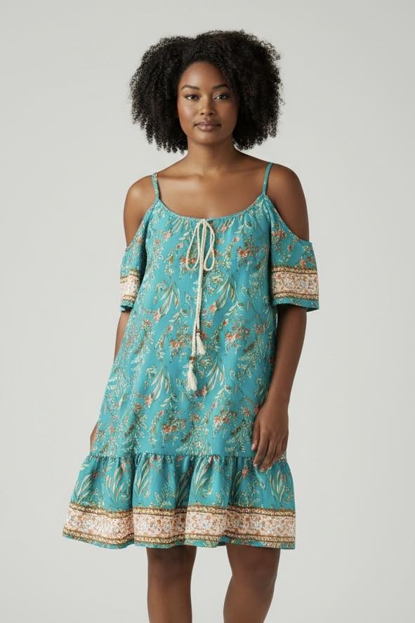 Robe ample et fluide bretelles et manches courtes épaules dénudées coloris turquoise imprimé SHEIN taille 52