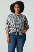 Blouse manches courtes à carreaux noir et blanc avec noeud Phildar taille 46