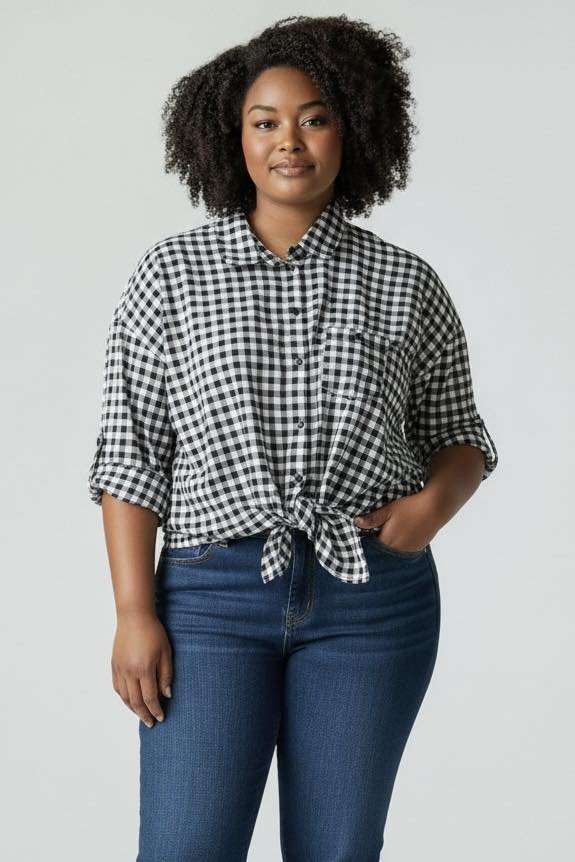 Blouse manches courtes à carreaux noir et blanc avec noeud Phildar taille 46