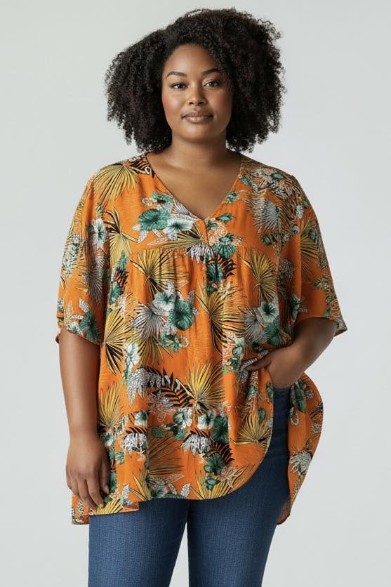 Top péplum manches courtes motif tropical taille 54