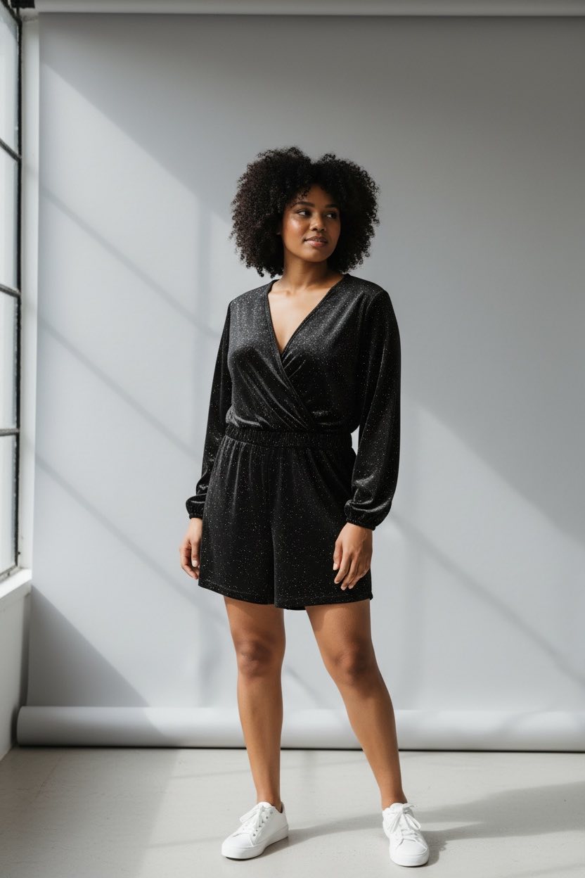 Combinaison short manches longues effet velours noir pailleté doré avec poches Kiabi taille 52