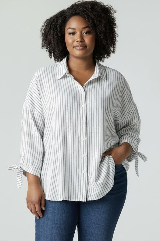 Blouse manches longues à nouer rayé blanc et bleu marine taille 46