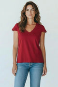 Top manches courtes bordeaux col V dentelle taille 36/38
