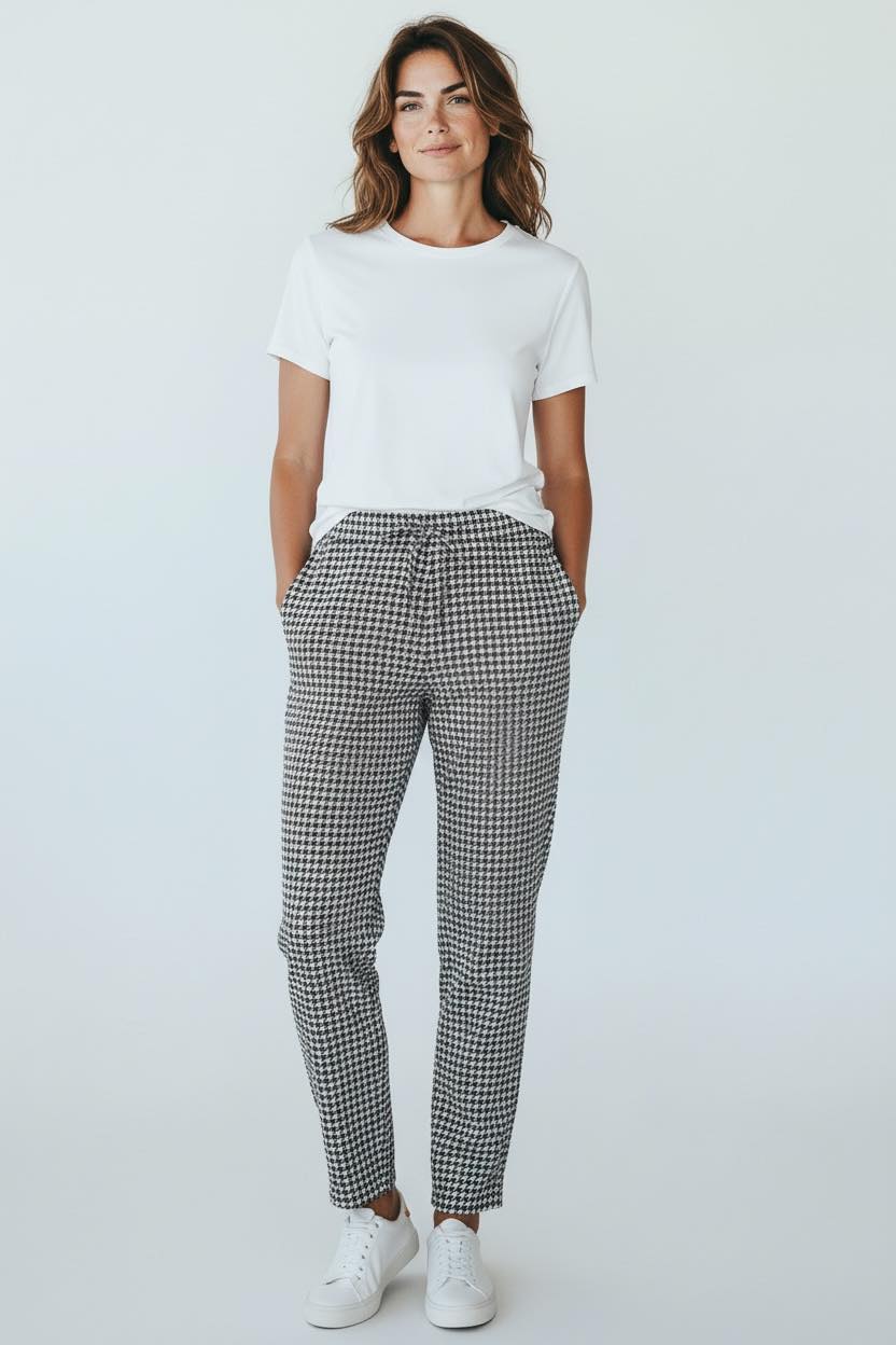 Pantalon droit motif pied de poule taille élastique Damart taille 36