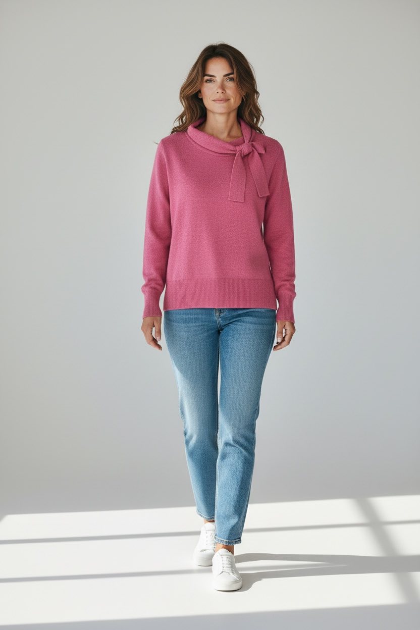 Pull en laine rose avec nœud 3 Suisses taille 38/40