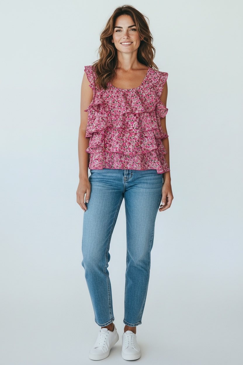 Blouse à volants rose motif fleuri Blancheporte taille 40