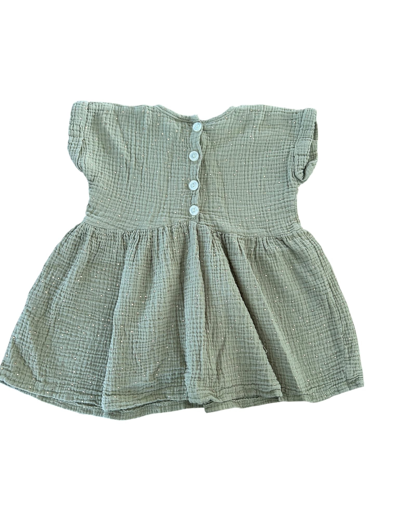 Robe manches courtes gaz de coton vert à pois doré taille 5 ans