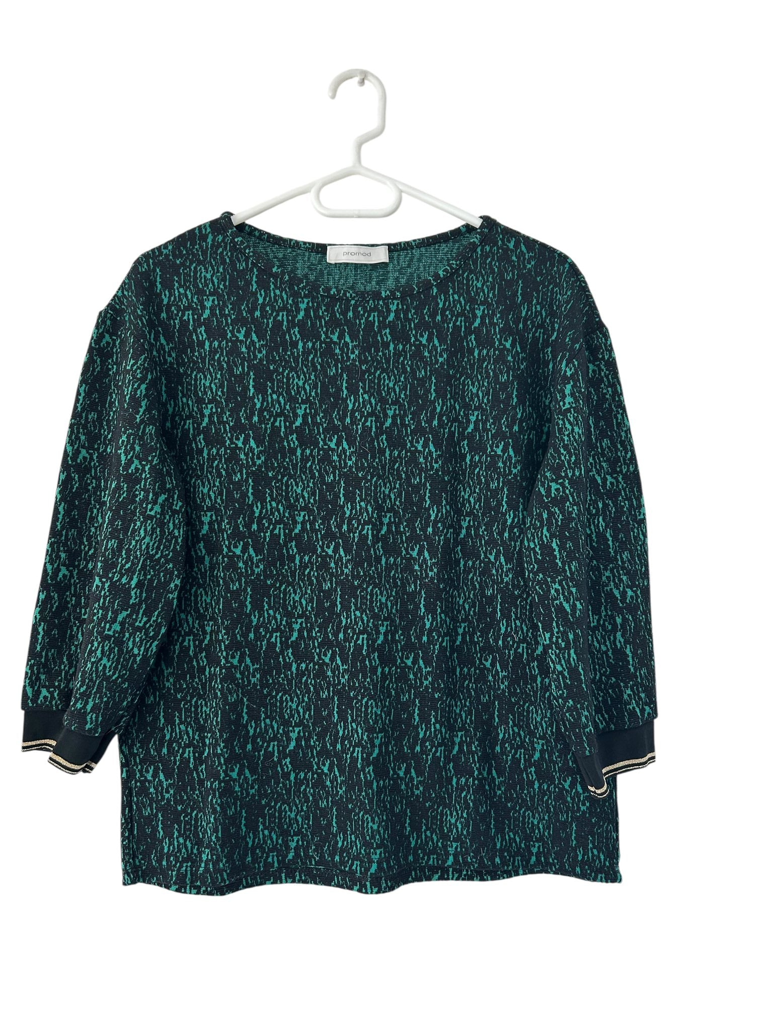 Pull fin manches 3/4 col rond à motifs noir et vert Promod taille 38/40