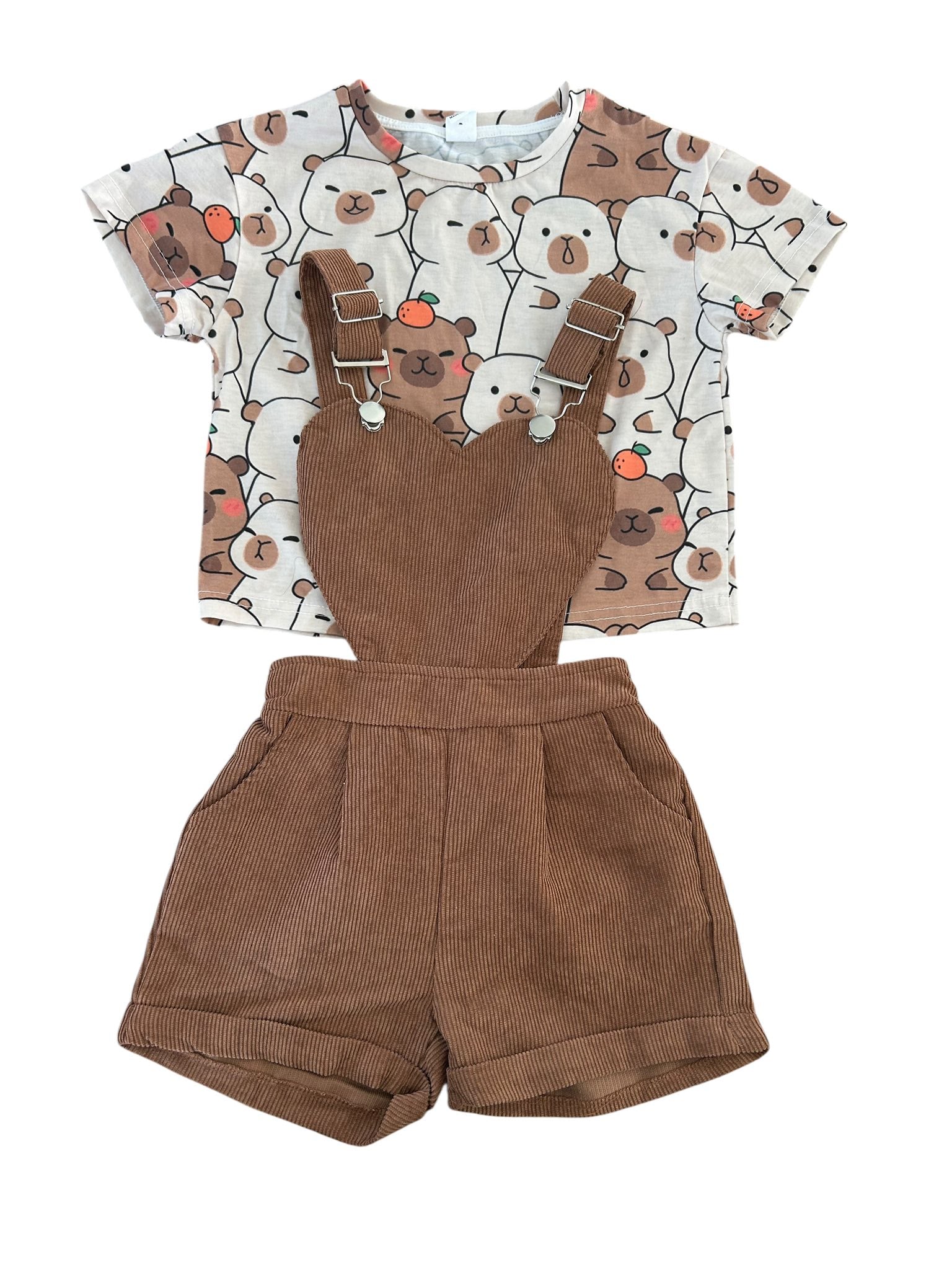 Ensemble 2 pièces t-shirt manches courtes motif ours et salopette short en velours marron SHEIN taille 4 ans