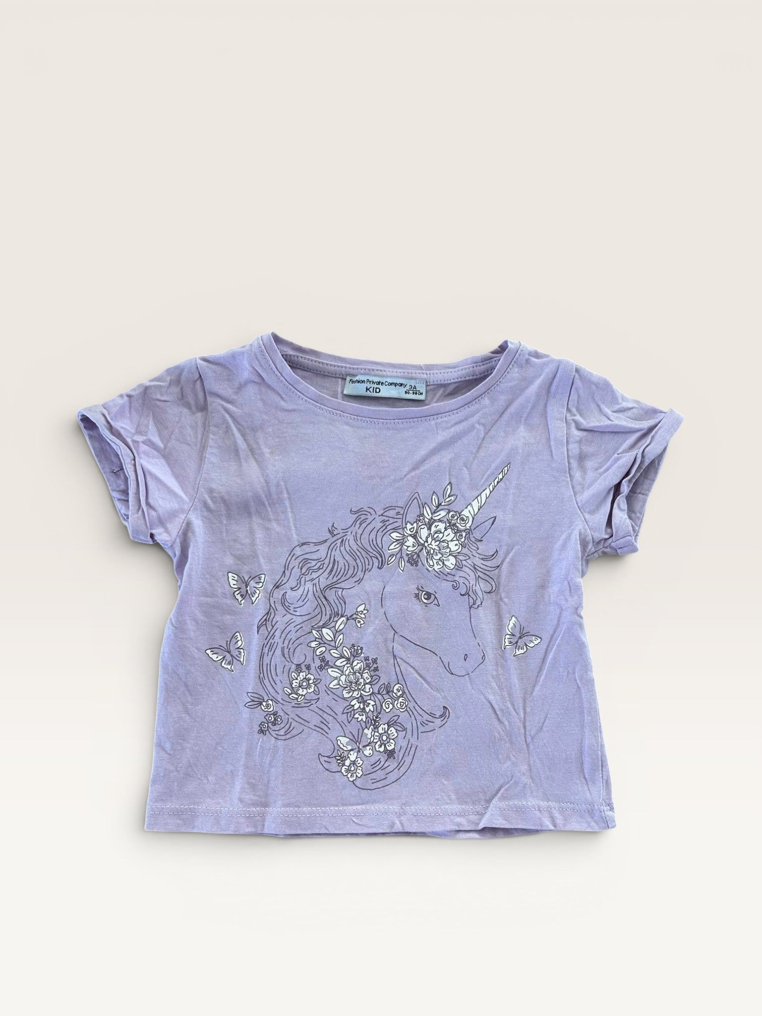 T-shirt manches courtes violet motif licorne FPC Kid taille 3 ans