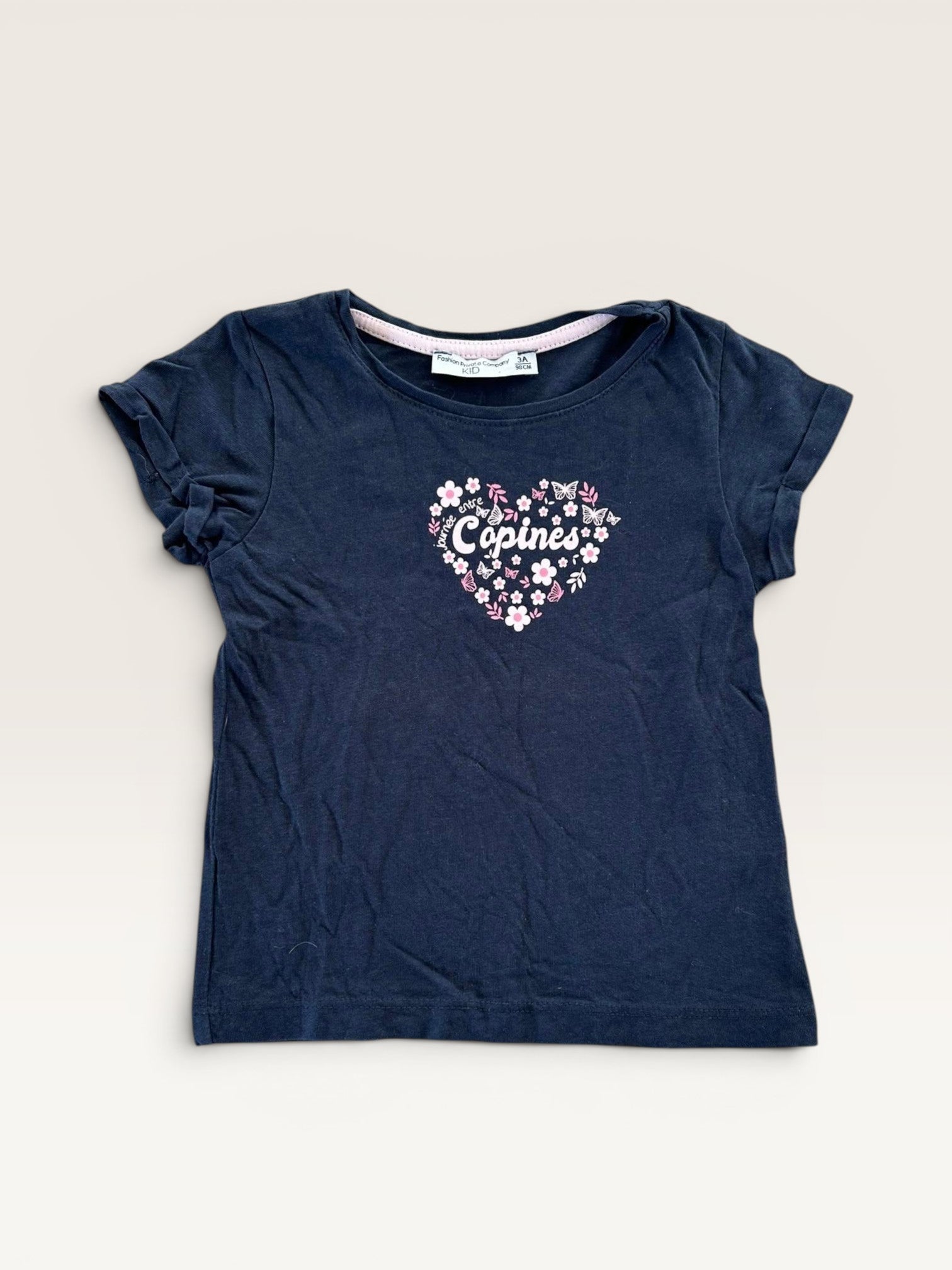 T-shirt manches courtes bleu marine motif coeur fleuri FPC taille 3 ans