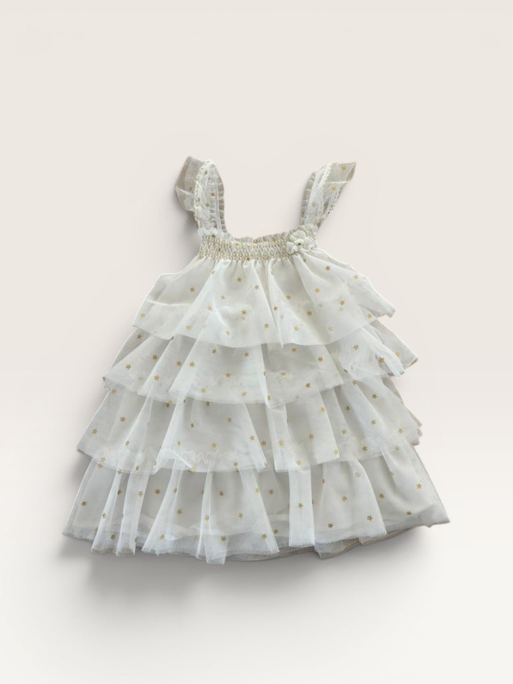 Robe de cérémonie blanche motif étoiles dorées avec tulle et volants Orchestra taille 18 mois