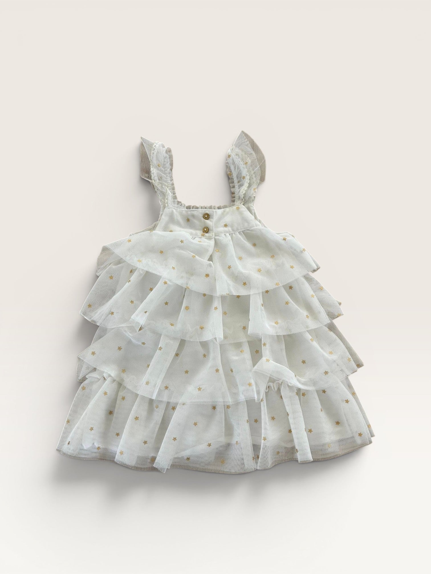 Robe de cérémonie blanche motif étoiles dorées avec tulle et volants Orchestra taille 18 mois