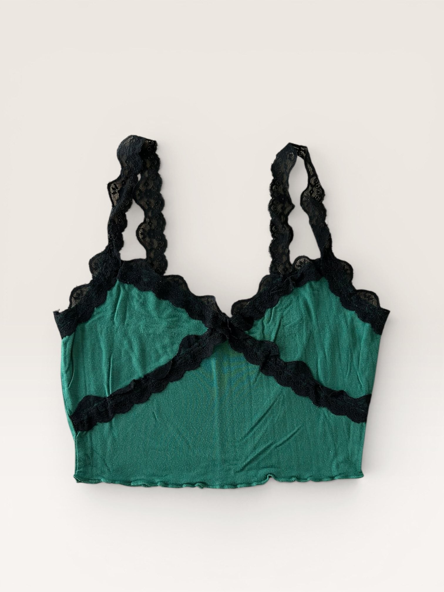 Top court vert bretelles dentelle noire Shein taille S/36