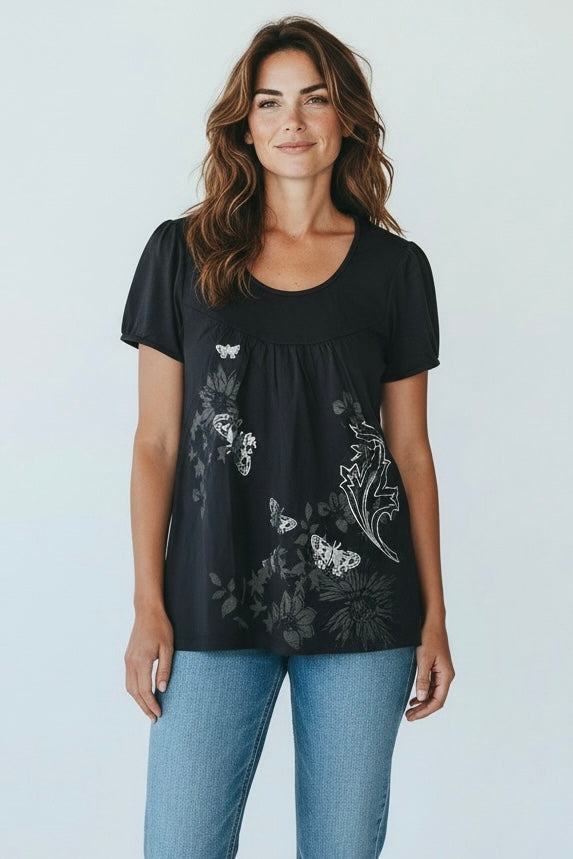 T-shirt long manches courtes noir motifs argentés Damart taille 38/40