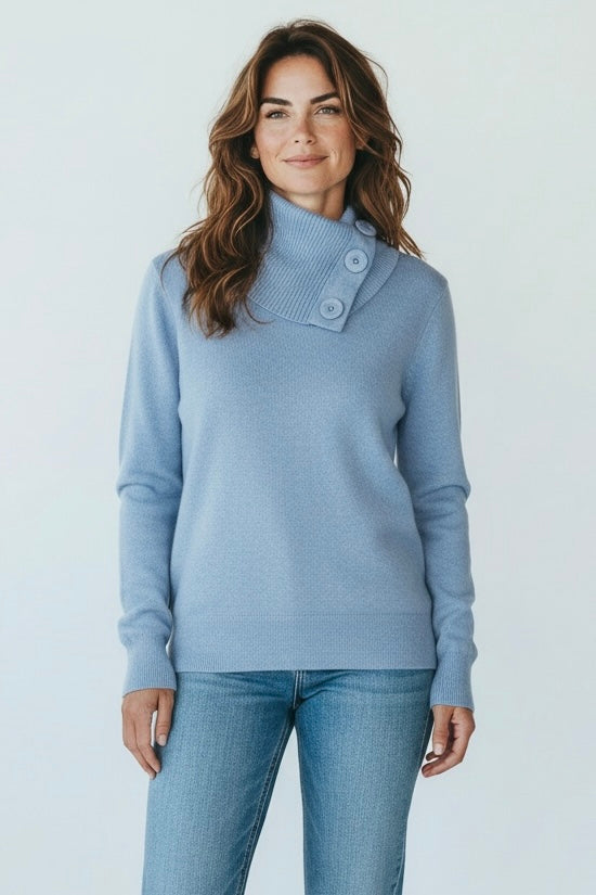 Pull en laine col-roulé bleu avec boutons Blancheporte taille 38/40