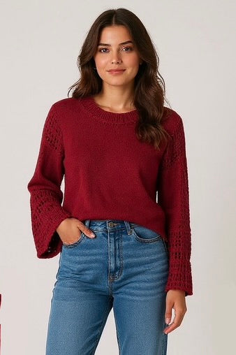 Pull bordeaux manches longues évasées au crochet col rond taille 38/40