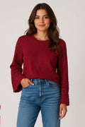 Pull bordeaux manches longues évasées au crochet col rond taille 38/40