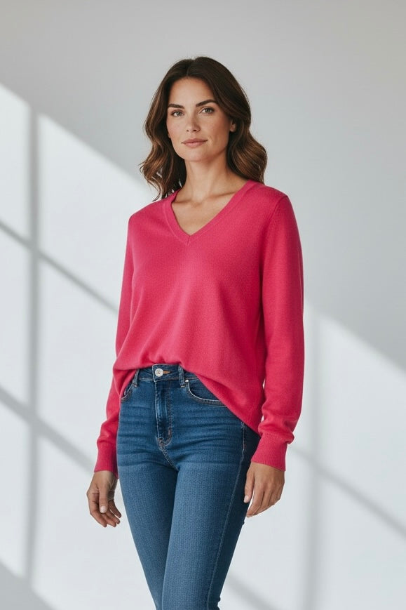 Pull fin col V rose fuschia Cécilia Fashion taille 42/44