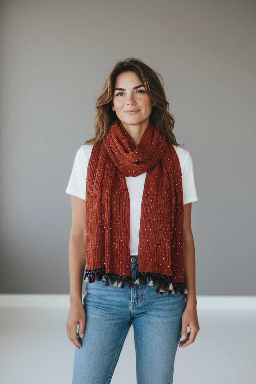 Foulard orange à poids dorés et pompons multicolores