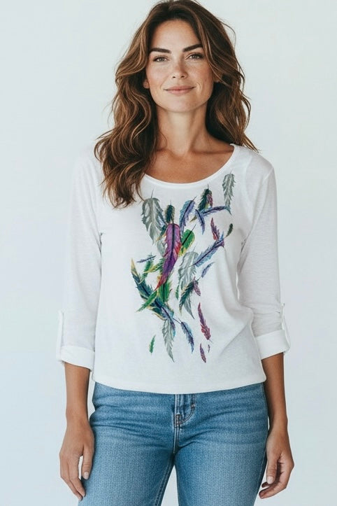T-shirt blanc manches longues ou 3/4 motif plume multicolore Cécilia Classics taille 38/40