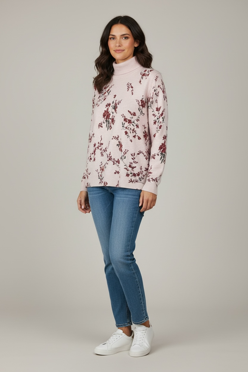 Pull rose clair motif fleuri Bleu Bonheur taille 42/44