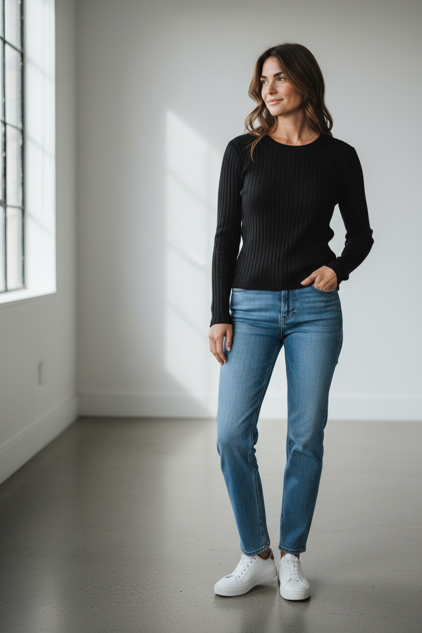 Pull fin noir manches longues col rond Passadena City taille 40/42