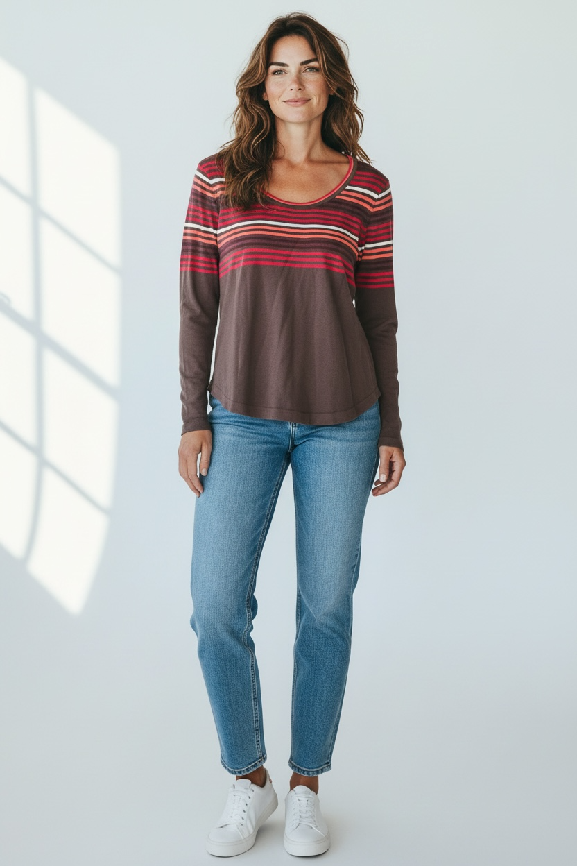 Pull col rond marron à rayures Anne Weyburn taille 44